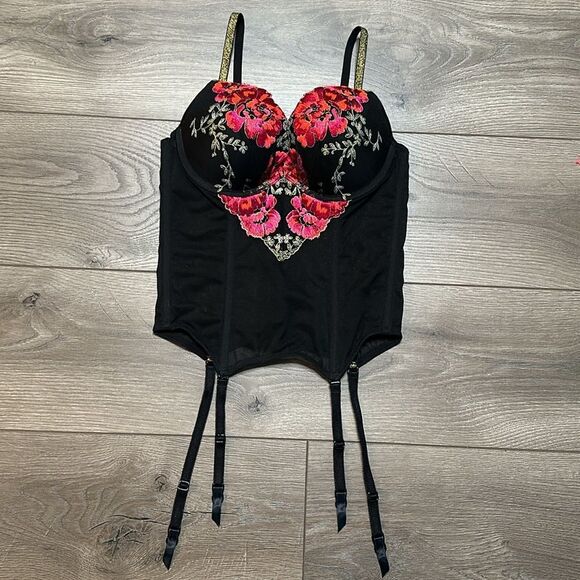 Victoria’s Secret Embroidered Push Up Garter Slip Red And Black Size 34C - Picture 4 of 12